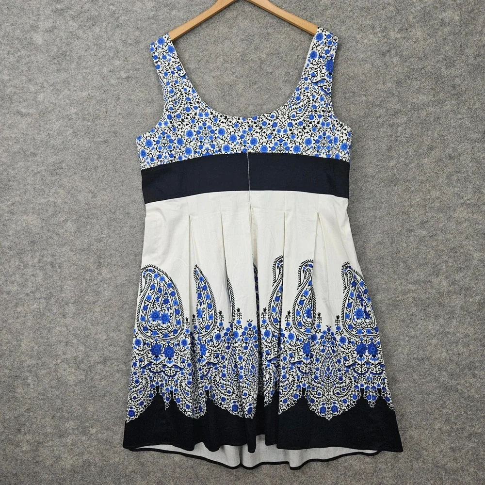 London Times Dress Womens 20W Blue White Paisley Floral Fit Flare Pleated Cotton